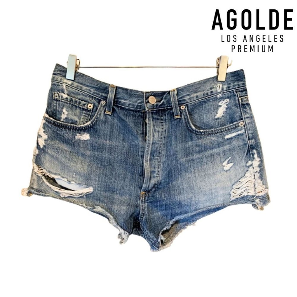 Agolde Parker Vintage Cut Off Ripped Raw Cut Hem Washed Distressed Denim Shorts
